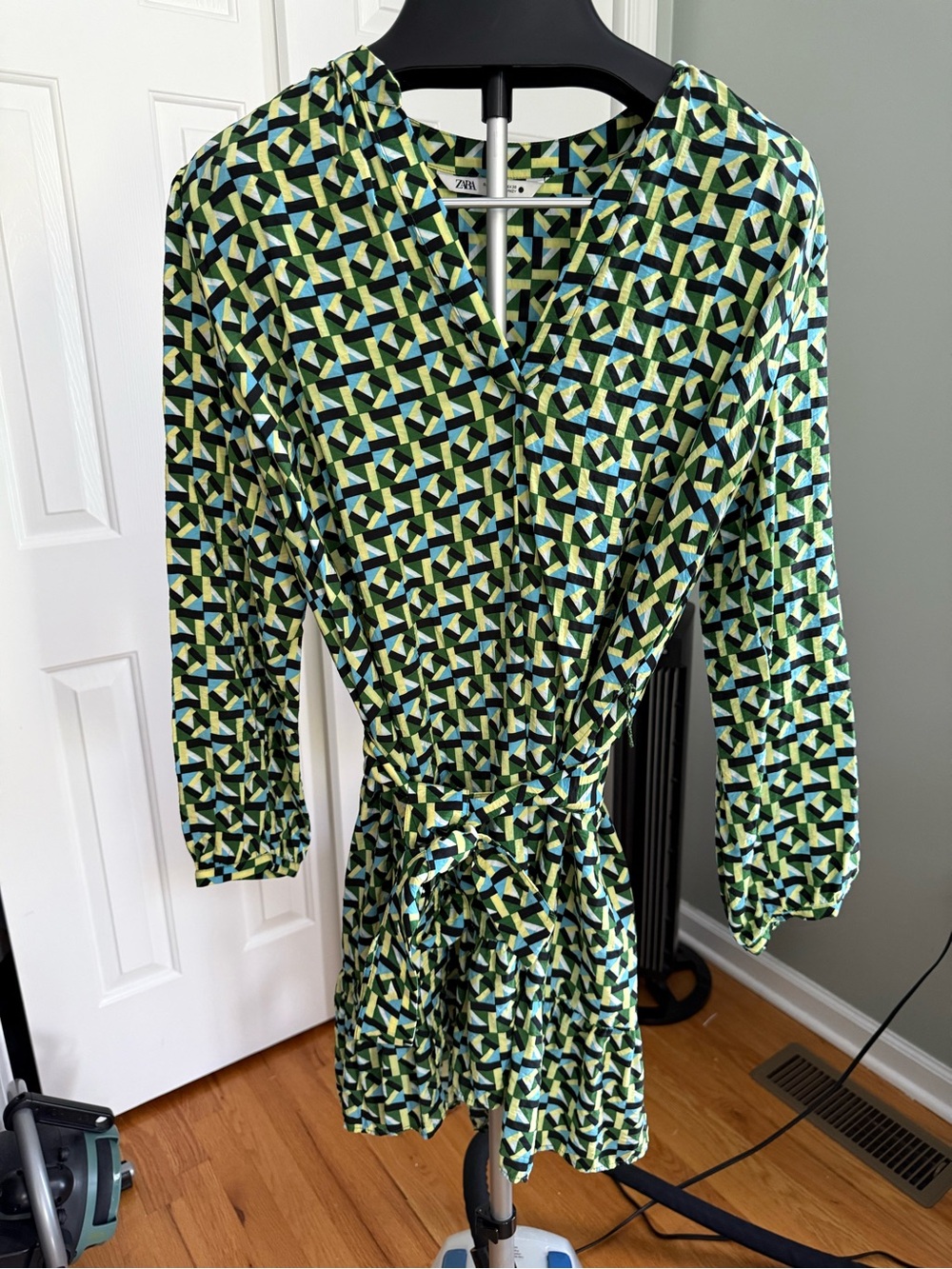 Zara Green Blue Geometric Print Tie Waist Mini Dress Long Sleeve Size L